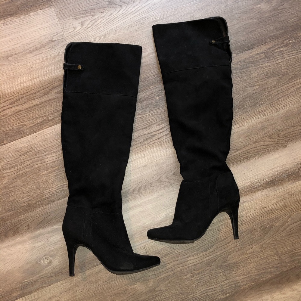 Black above the knee suede heel boots